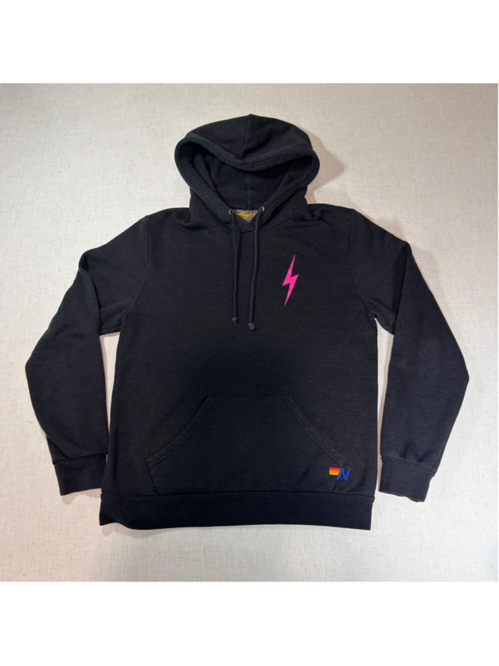 Aviator Nation Neon Pink Bolt Pullover Hoodie Charcoal Black Large